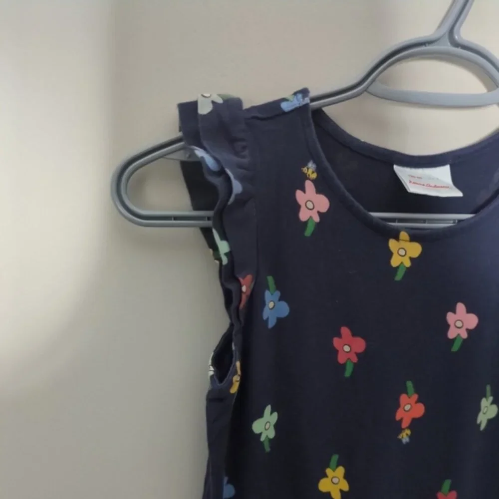 Hanna Andersson Flower Ruffle Dress Navy Size 6/7 (120cm) Pockets Cap Sleeves - Picture 3 of 8